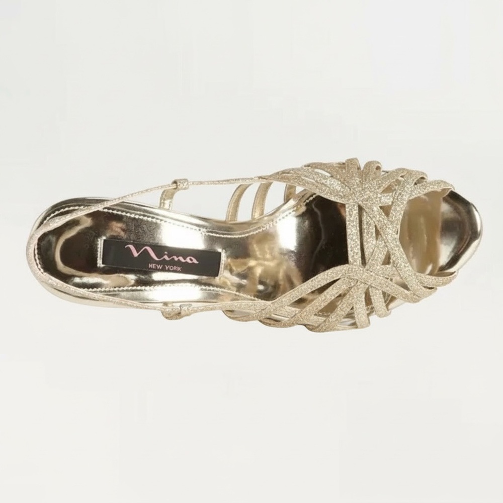 Nina Fonda Gold Glitter Strappy Platform Heels | Size 6 Slingback Dress Shoes - Picture 3 of 11